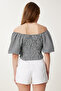 Women's Black Checkered Carmen Collar Stretchy Crop Linen Blouse Tp00079 - 4