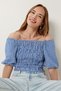 Women's Blue Checkered Carmen Collar Stretchy Crop Linen Blouse Tp00079