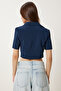 Women's Navy Blue Polo Neck Crop Ayrobin Blouse Wf00136 - 4