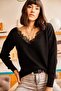 Women's Black Collared Lace Knit Blouse BLZ-19001605 - 2