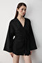 Black Cotton Button Detailed Belted Linen Kimono - 005