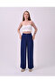 Women's Navy Blue High Waist Linen Palazzo Trousers - 3
