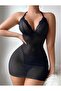 Women's Black Soft Tulle Pearled Gathered Nightgown - 2