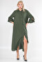 Khaki Shirt Collar 3/4 Cuff Buttons Wide Cut Woven Dress with Ruffles on Sleeves and Hem - 7