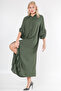 Khaki Shirt Collar 3/4 Cuff Buttons Wide Cut Woven Dress with Ruffles on Sleeves and Hem - 6
