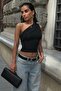 6082 Asymmetrical One Shoulder Sleeveless Black Blouse - 2