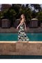 Viscose Fabric Palm Patterned Long Dress with Window Detail and Straps