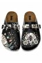 Women's Vegan Leather Black Slippers - Bee with Flowers Design - 2