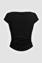 Jt6061 Black Corded Short Sleeve Crop Top with Shirred Sides - 6