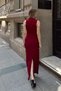 Burgundy Sassy Sleeveless Waist Draped Slit Women's Dress - 6