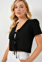 Women's Short Sleeve Crop Blouse 958 - Black - 4