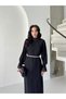 Black Stone Belted Balloon Sleeve Evening Dress - 2