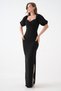 Women's Black Crepe Fabric Puff Sleeve Heart Collar Slit Detailed Maxi Dress 582853