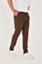 Men's Italian Cut Boyfriend Brown Fabric Trousers with Buckle Belt - 6