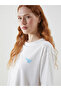 Ecru Crew Neck Printed Oversize Women's T-Shirt - 3