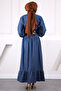 Blue Sleeve Elastic Skirt Layered Belted Dress - 3