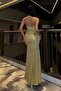 Women's Strapless Neck Slit Detailed Draped Long Glittery Sequin Maxi Evening Dress Gold 583164 - 4