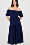 Midi Length Dress with Elastic Shoulders and Waist