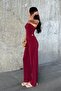 Women's Burgundy Asymmetrical Cut Slit Detailed Gathered Strapless Neckline Top and Bottom Set - 6
