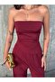 Women's Burgundy Asymmetrical Cut Slit Detailed Gathered Strapless Neckline Top and Bottom Set - 4