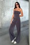 Set - Asymmetrical cut, ruched, slit-detail strapless-neck top. Pants with elastic waistband. - 6