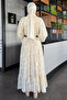 Ecru Embroidered and Lined Hijab Chiffon Dress - 4