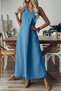 Women's Dark Blue V-Neck Sleeveless Maxi Length Linen Dress - 4