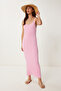 Basic Summer Knitwear Dress with Strap Candy Pink Lki̇0032