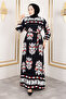 Figured Ethnic Patterned Viscose Long Hijab Dress Tsd250193 Black