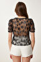 Women's Black Sequin Embroidered See-Through Crop Blouse Tp00065 - 6