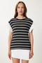 Women's Black Bone Striped Flounced Cotton Knitted Blouse Tp00080 - 2