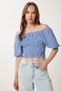 Women's Blue Checkered Carmen Collar Stretchy Crop Linen Blouse Tp00079 - 3
