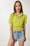 Women's Oil Green Balloon Sleeve Linen Crop Shirt Blouse Tp00081