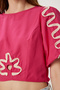 Women's Dark Pink Balloon Sleeve Embroidered Crop Poplin Blouse Tp00082 - 4