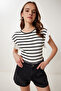 Women's Bone Black Striped Flounced Cotton Knitted Blouse Tp00080