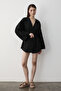 Black Cotton Button Detailed Belted Linen Kimono - 005 - 3