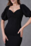 Black Crepe Fabric Double Breasted Collar Balloon Sleeve Design Slit Detailed Maxi Dress582853 - 8