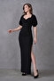Black Crepe Fabric Double Breasted Collar Balloon Sleeve Design Slit Detailed Maxi Dress582853