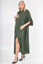 Khaki Shirt Collar 3/4 Cuff Buttons Wide Cut Woven Dress with Ruffles on Sleeves and Hem - 5