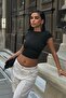 Jt6061 Black Corded Short Sleeve Crop Top with Shirred Sides - 3