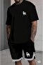 Men's Black Oversize Tshirt Extraforlu Shorts La Printed Set - 2