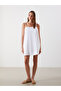 Lcw Vision White Square Collar 100% Linen Mini Rope Strap Dress