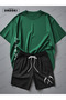 Latest Breath Printed Cotton Fabric Unisex Green Forest T-Shirt-Black Shorts Set - 5