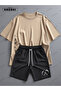 Latest Breath Printed Cotton Fabric Unisex Beige T-Shirt-Black Shorts Set - 5