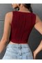 Striped Square Neck Sleeveless Stretch Fabric Summer Burgundy Cropped Top, Square Neck Stretchy Fabric Burgundy Summer Blouse - 6