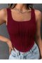 Striped Square Neck Sleeveless Stretch Fabric Summer Burgundy Cropped Top, Square Neck Stretchy Fabric Burgundy Summer Blouse - 3