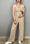 Women's Beige Color One Shoulder Blouse - Pants Set - 3