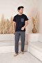 Men's Navy Blue-Smoked Combination Short Sleeve Combed Cotton Summer Pajamas Set with Pockets - 2