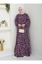 Patterned Front Gathered Viscose Dress - Purple / E0131 - 2