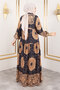 Foil Patterned Viscose Long Hijab Dress Tsd250191 Navy Blue - 5